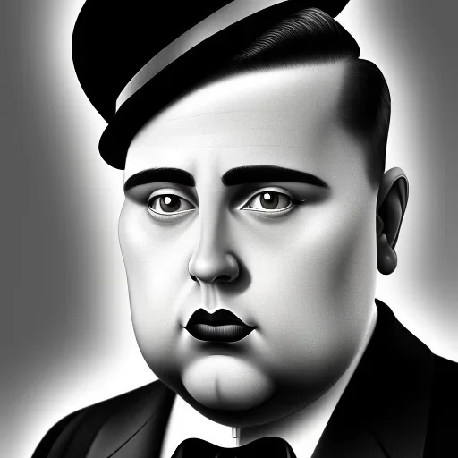 A half body portrait of a 1930s Italian-American businessman in his late 20s with a black bowler hat and a suit. He is obese and has black hair