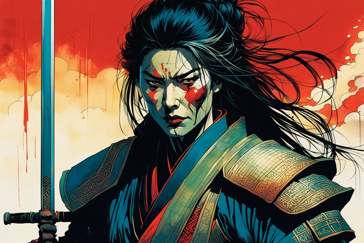 create an imaginative print illustration of an ethereal, otherworldly gaunt and withered ancient female ronin samurai vampire , in the comic book art style of Bill Sienkiewicz, Mike Mignola, and Jean Giraud Moebius, with highly detailed feminine facial features