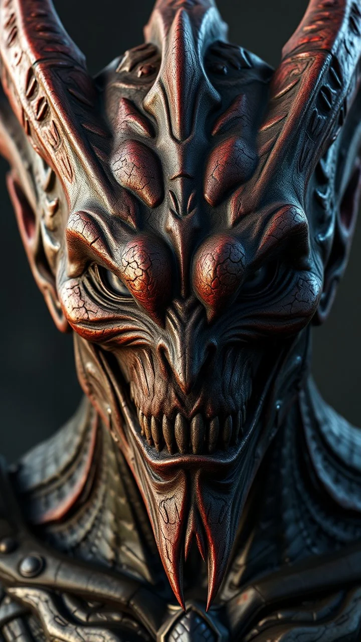 a front view of the wishmaster face movie , his face skin is a rusted broken metallic skin texture in a 3d rendering full-height image of a grim and dark scene. Ensure the final images exhibit the utmost quality, encompassing 4K, 8K, and 64K resolutions, with 3D rendering that manifests in photorealistic, hyperrealistic, and highly detailed representations. Employ techniques such as HDR, UHD,