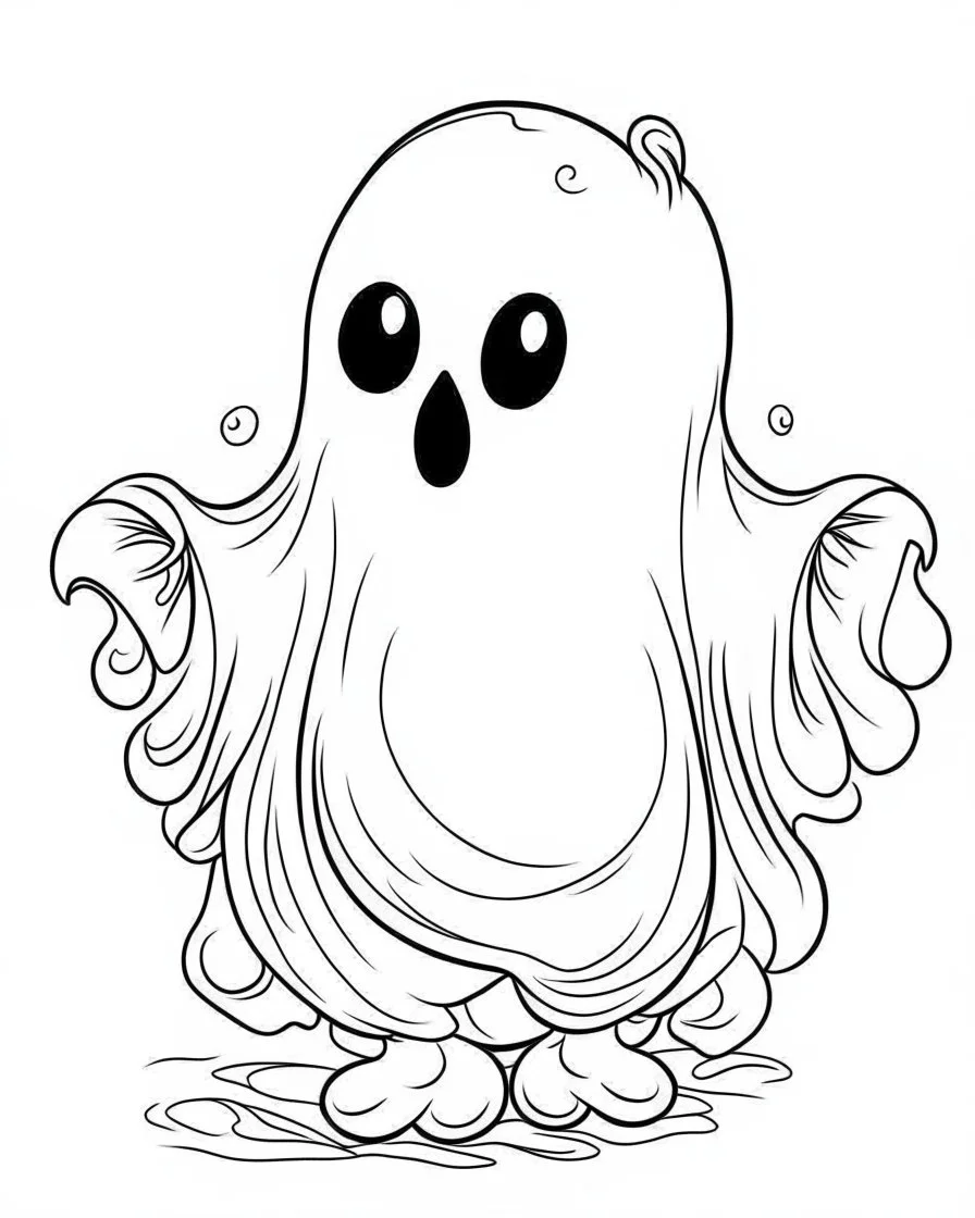 outline art for halloween coloring pages for kids with cartoon cute ghost , white background, Sketch style, full body, only use outline, clean line art, white background, no shadows and clear and well outlined, coloring page for kids,