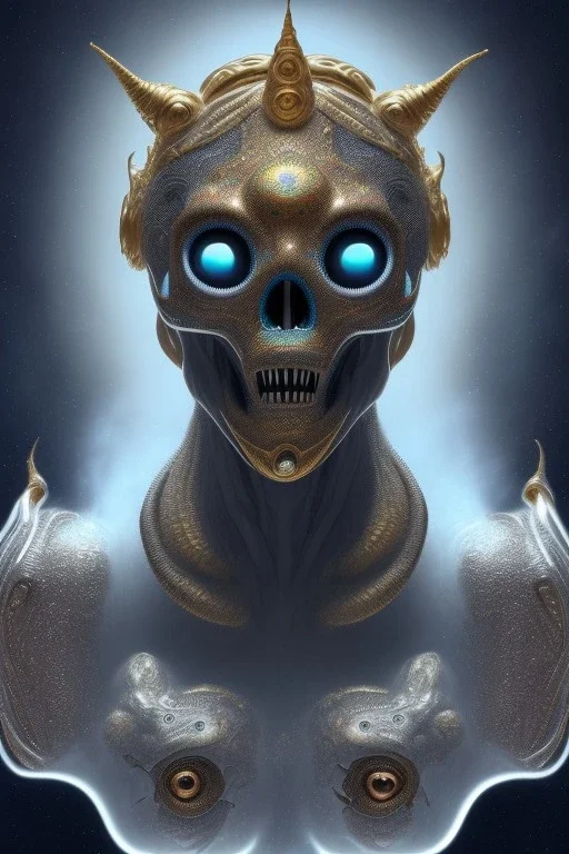 black African alien, cracks in the head, wicked, Asian eyes, crown, blood, 8k, finely detailed, photo realistic, Boris Vallejo style turquoise skull head gold dragon space alien rain skeleton silver helmet silver space suit spaceships