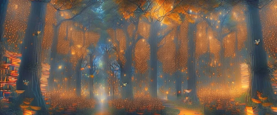 Realistic view that has warm, a huge library in forest with fireflies and orange mystic lights around trees that have wide leaves and broad trunked