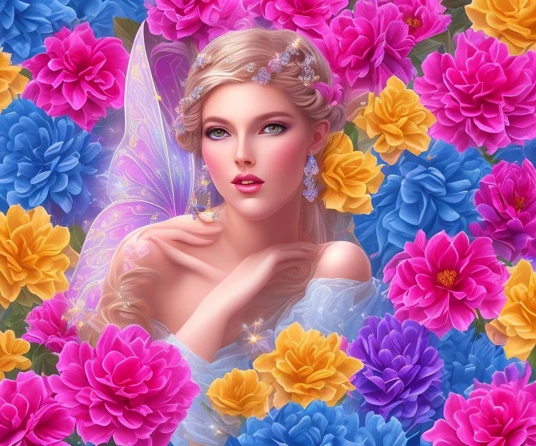 beautiful bright fairy portrait in a pink,blue, yellow flowers background