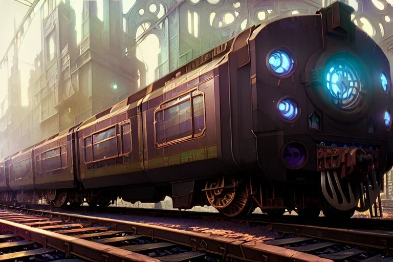 close up train+Elevated train+corner train+train on sea +alphonse mucha, greg rutkowski,matte painting, cryengine, hyper detailed, felix kelly, fantasy art, seb mckinnon