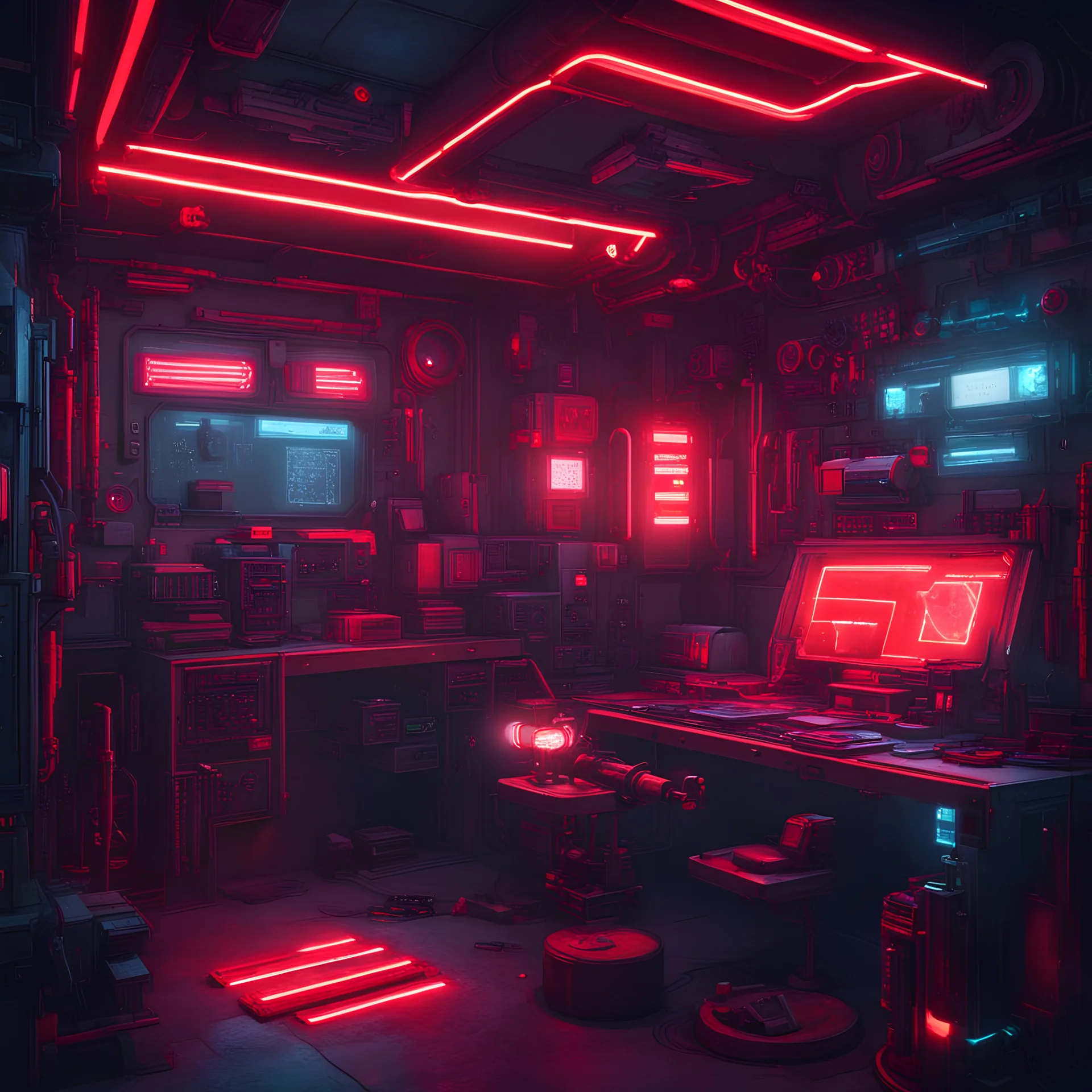 cyberpunk gun crafting station, red lights, sci-fi room