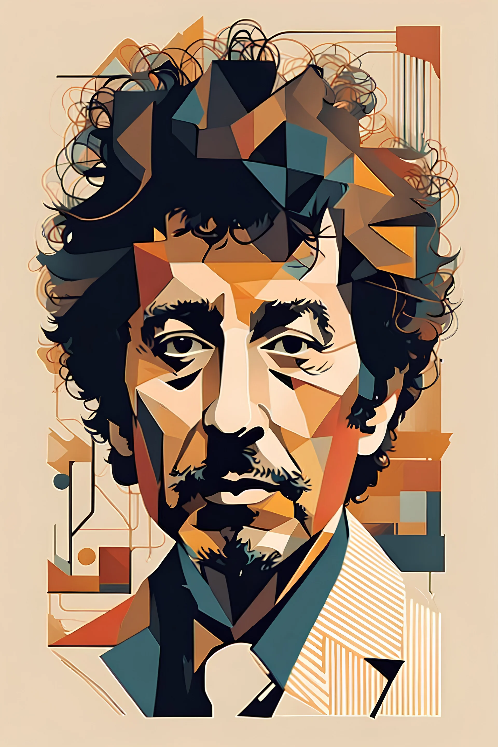 a highly detailed, abstract flat geometric portrait illustration of Bob Dylan in the minimalist style of Willi Baumeister, Federico Babina and Petros Afshar, sharply detailed and finely lined, in vibrant natural colors