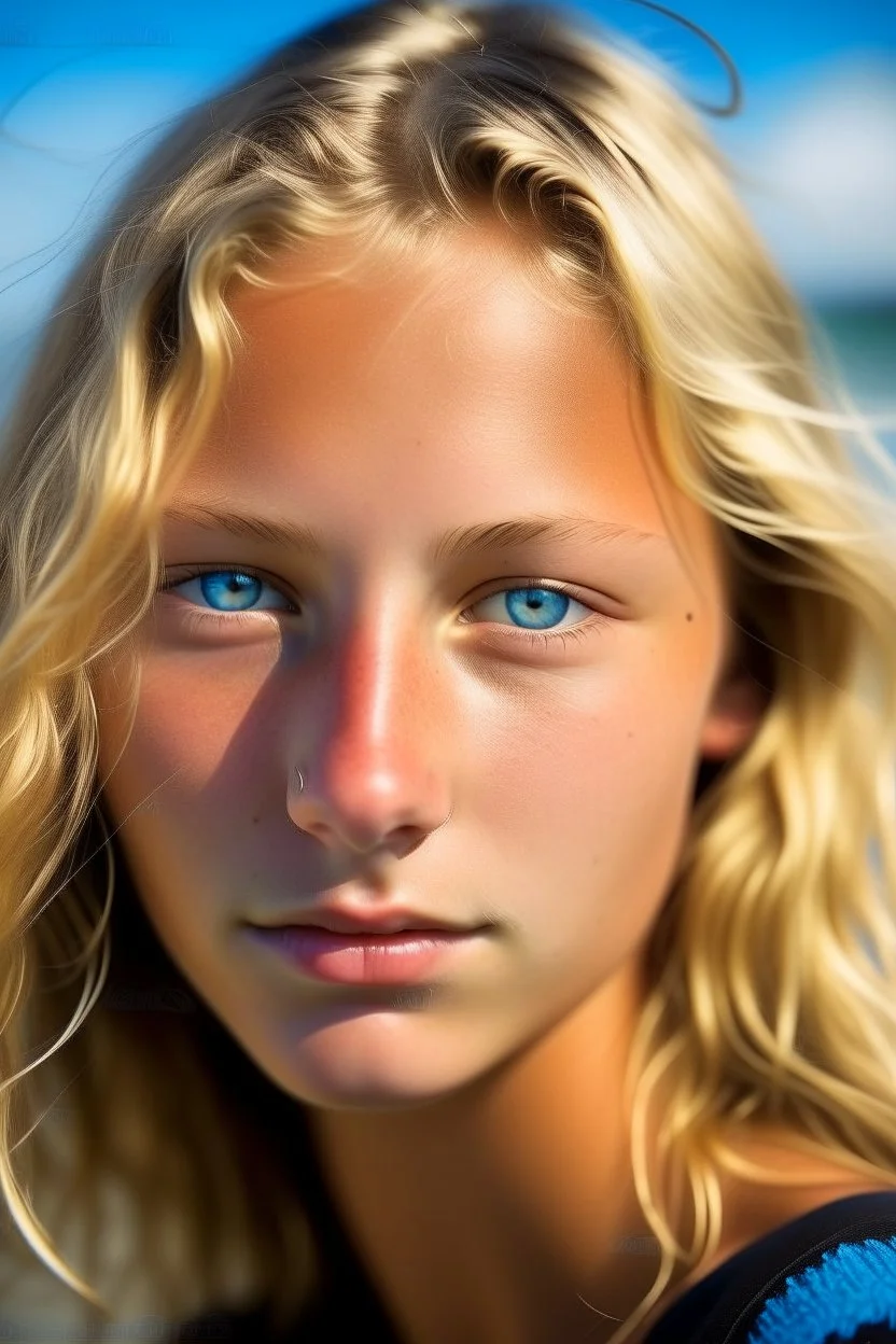 portrait of a 16 year old Californian surfer girl, sporty, blond, short wavy hair, water blue eyes