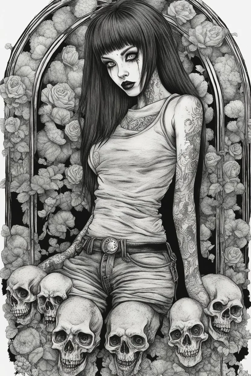 create a disturbing horror full body sketch of a dark haired, savage, gothpunk vampire girl with highly detailed , sharply defined hair and facial features, in the style of Junji Ito, precisely drawn, inked, with dramatic edges,