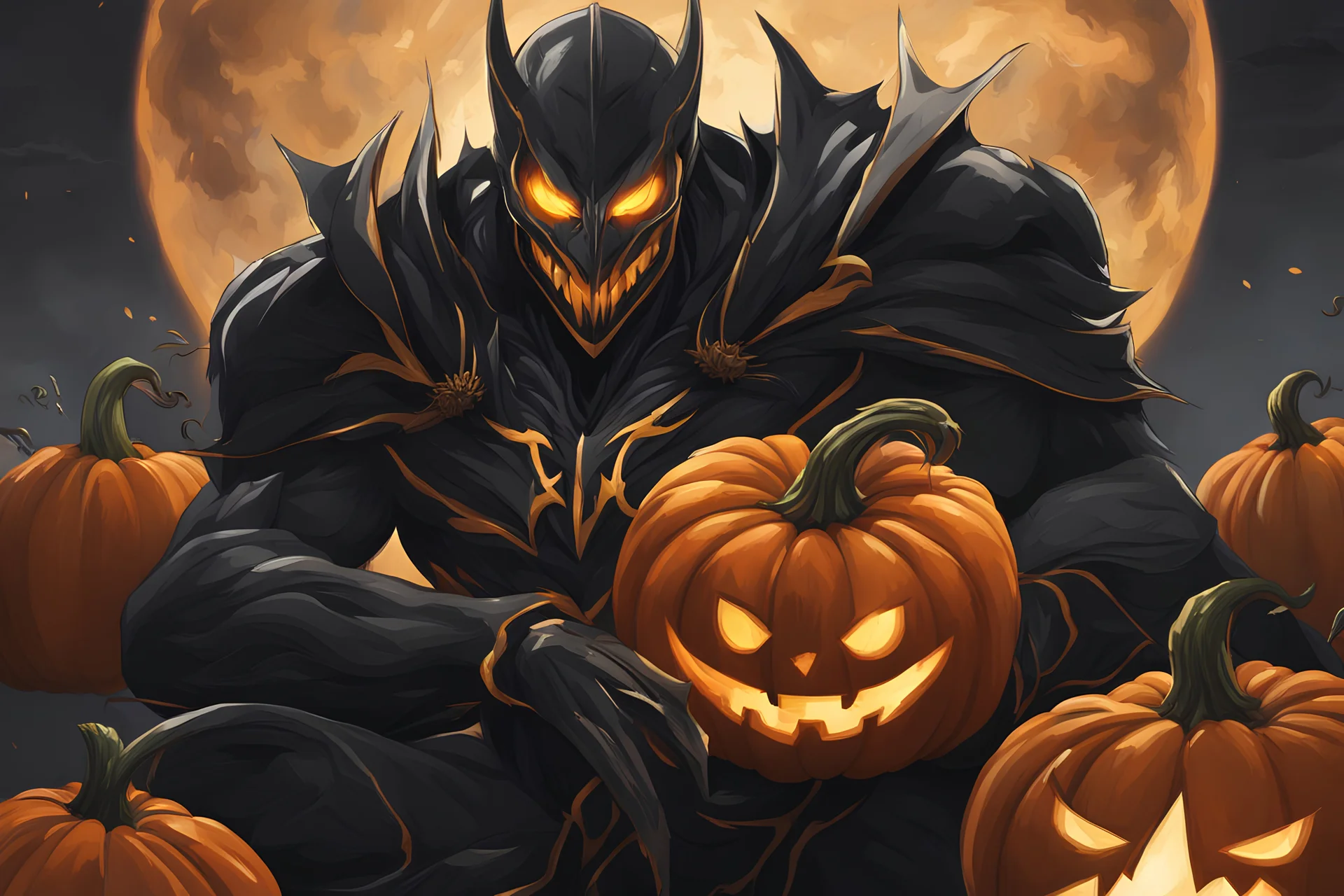 Monarch venom with pumpkin head in anime artstyle, halloween them, close picture, fantasy world, intricate details, highly detailed, high details, detailed portrait, masterpiece,ultra detailed, ultra quality