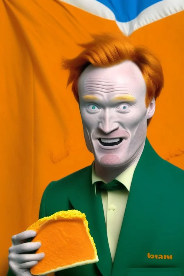 Conan O'Brien with bright orange hair holding orange cheese. "Esperanto flag in background".