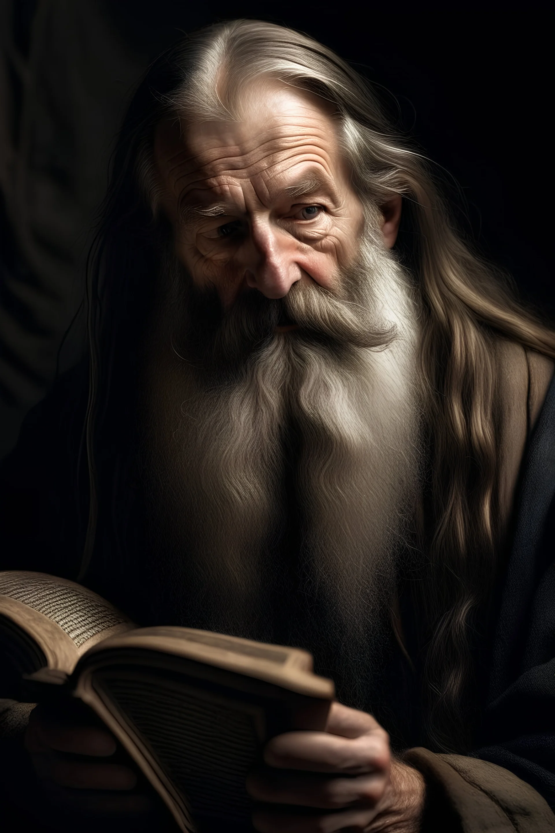 un hombre con barba larga aspecto anciano con muchos años y arrugas leyendo una biblia estilo Claude Monet