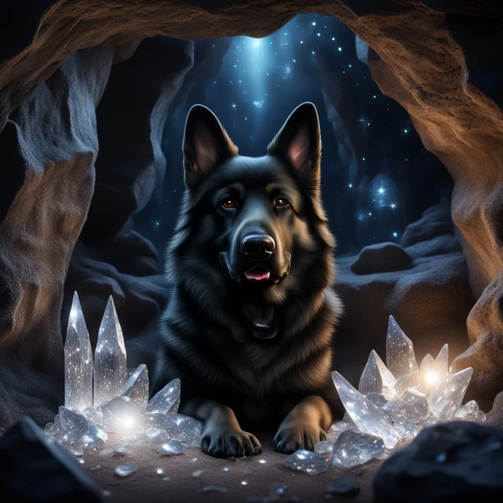 Hyper Realistic big black German-shepherd guarding silver crystals with fireflies in a cave at night