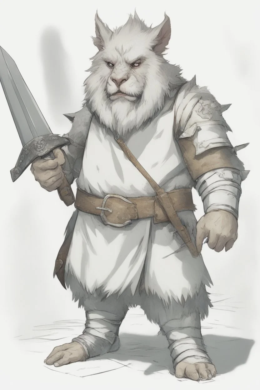 Dnd a young bugbear with WHITE fur and leather armor with swords