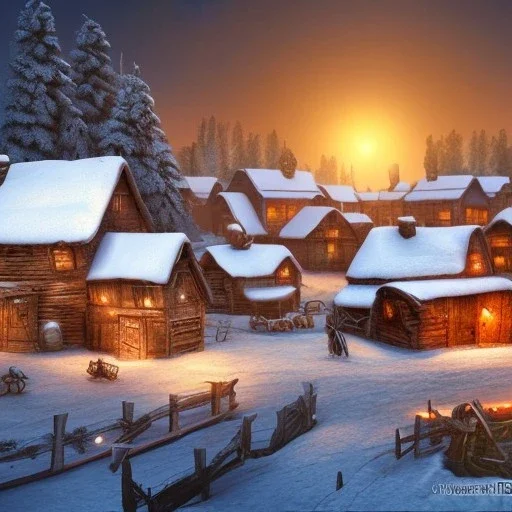 tiny fantasy farming village at night with wooden buildings in winter