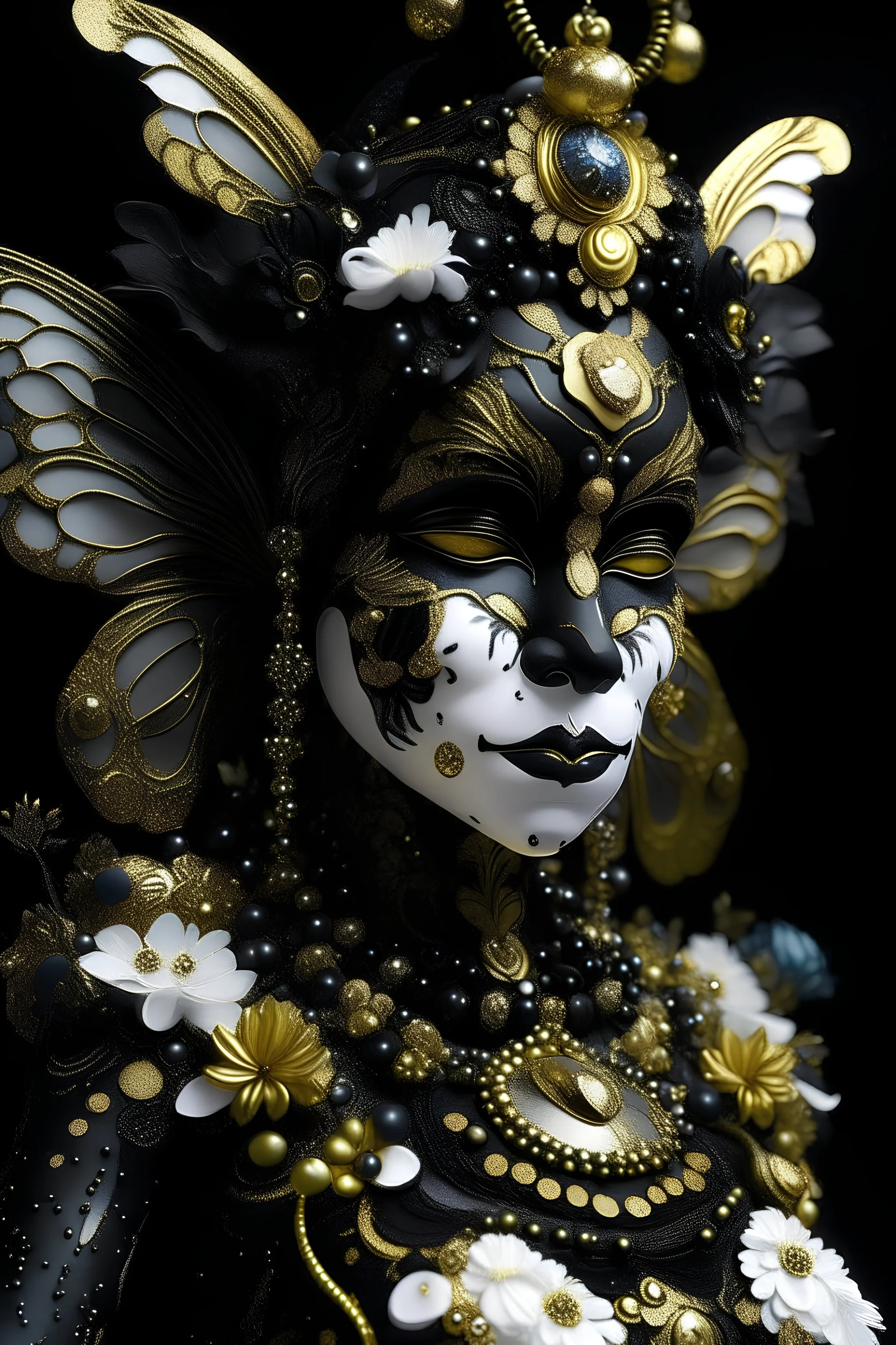 Black and gold bioluminescence gradient bumble bee portrait, textured detailed wings, adorned with bioluminescence malachit eyes colour rococo style black and white and Golden dust pearls, beads and black diamond headdress and masque, black lily florals, organic bio spinal ribbed detail of detailed creative rococo style ornate lwhite colour florwers detailed 3d backgroun background extremely detailed hyperrealistic maximálist concept art