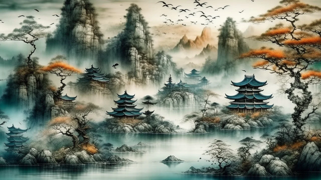 chinese painting, relaxation, luxury, dream world, calm beauty, symmetry, fantasy world, magic, beautiful composition, exquisite detail, 80mm lens