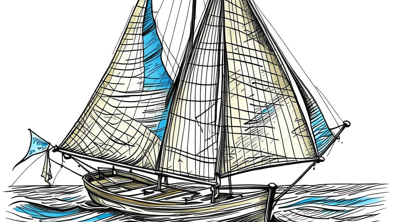 in the childish style of a 5 year old with scratchy penwork, a basic sloop, floating on water with the sail full of wind. Off to the side, the same boat mast is depicted, this time with the sail raised and tied up