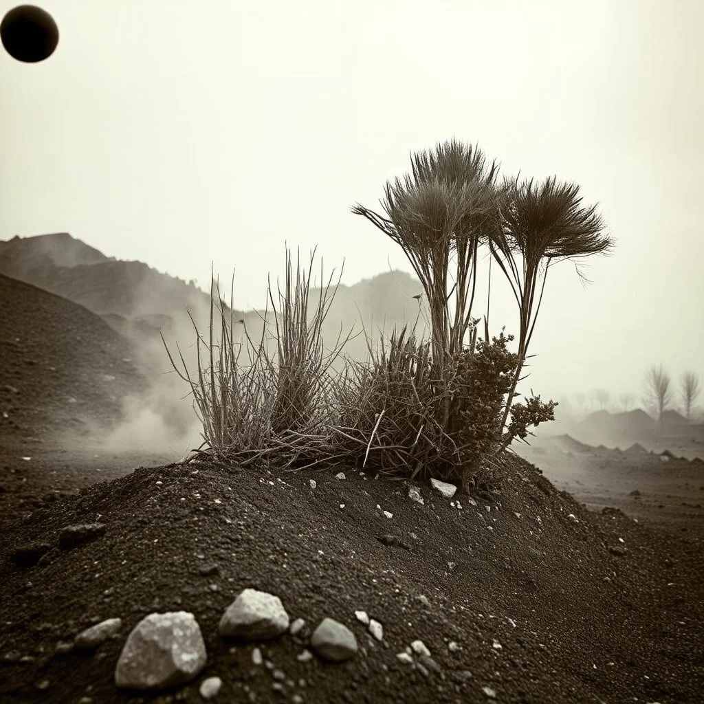 A striking quality Kodak photograph captures a wasteland with oddities and group of plants, creepy, details of the dust very accentuated, Yves Tanguy, Ernst Haekel, glossy organic mass, adorned with minerals and rocks. Bathed in intense light, eerie, Max Ernst style, black sun, fog