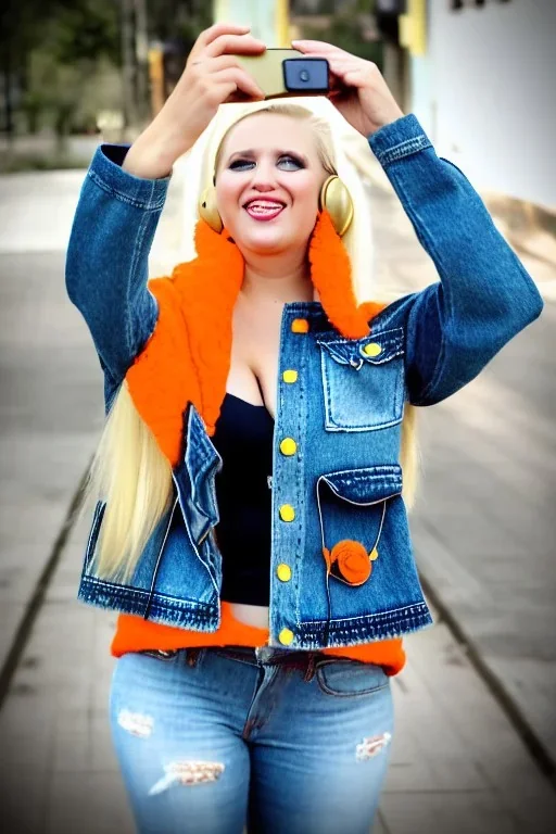 blonde taking selfie.thick thighs,thick calves,flat belly,curvy fell. New kind of bolero is sewed of upcycled Denim, which condescends with integrated bag[SIC]. It is sewed together of camouflage pieces, whose color are all denim colors, orange, cream and purple. Big colored headphones (gold rings!) is merged with small felt cap with small visor. It is with big bright purple felt tippet and birght-colored-hood is merged with colorful beanie. Style: Haute Couture, 1980's Finland, N.Y.C fashion