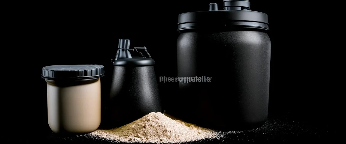 Dark studio setting, black background, black protein powder container, scoop with protein in front.