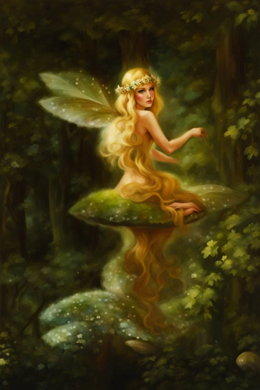 Fairy Princess, long blonde hair,long golden hair, Fairy crown ,fairy, fairy wings, flower crown,mushroom,sparkle,,Lilly of the valleys