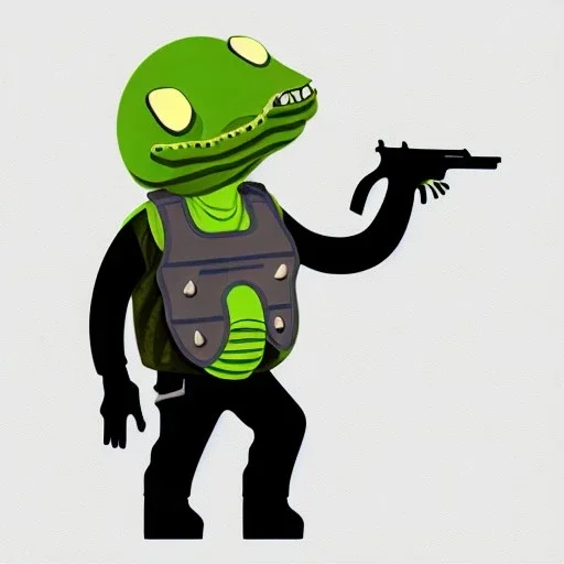 Alien, snake, metaljellyfishsombrero, vest, hands, holding gun, holster, steel military boots, squishy, chest plate, oxygen mask, bulbus nos snout, gun