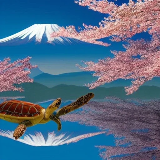 Turtle and Mount Fuji and cherry blossoms