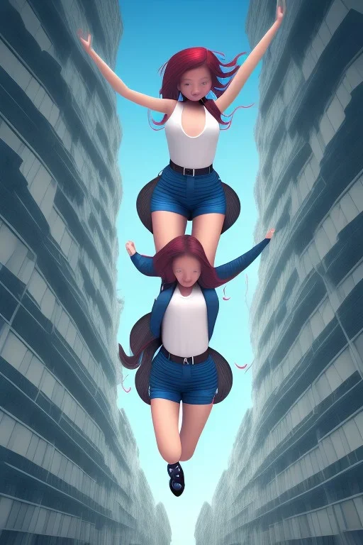 Girl falling off a building, top view, long hair, cute, beautiful