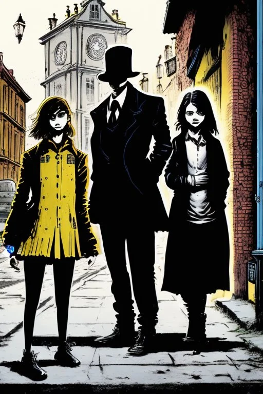 Design a detective book cover for teenagers. Three teenage detectives and black cat in the centre, one boy on her left, the girl in the centre and one on her right are on the town street. Banksy style, modern comic book style, mysterious atmosphere,