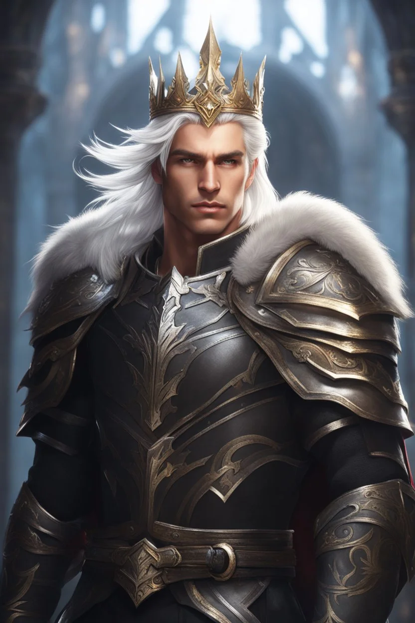 Male Tan Human, White Hair, Handsome Face, Wearing A Magical Crown, Black Heavy Armour, Dark colours theme, Dark Background, Paladin Greatsword Strapped to his Back