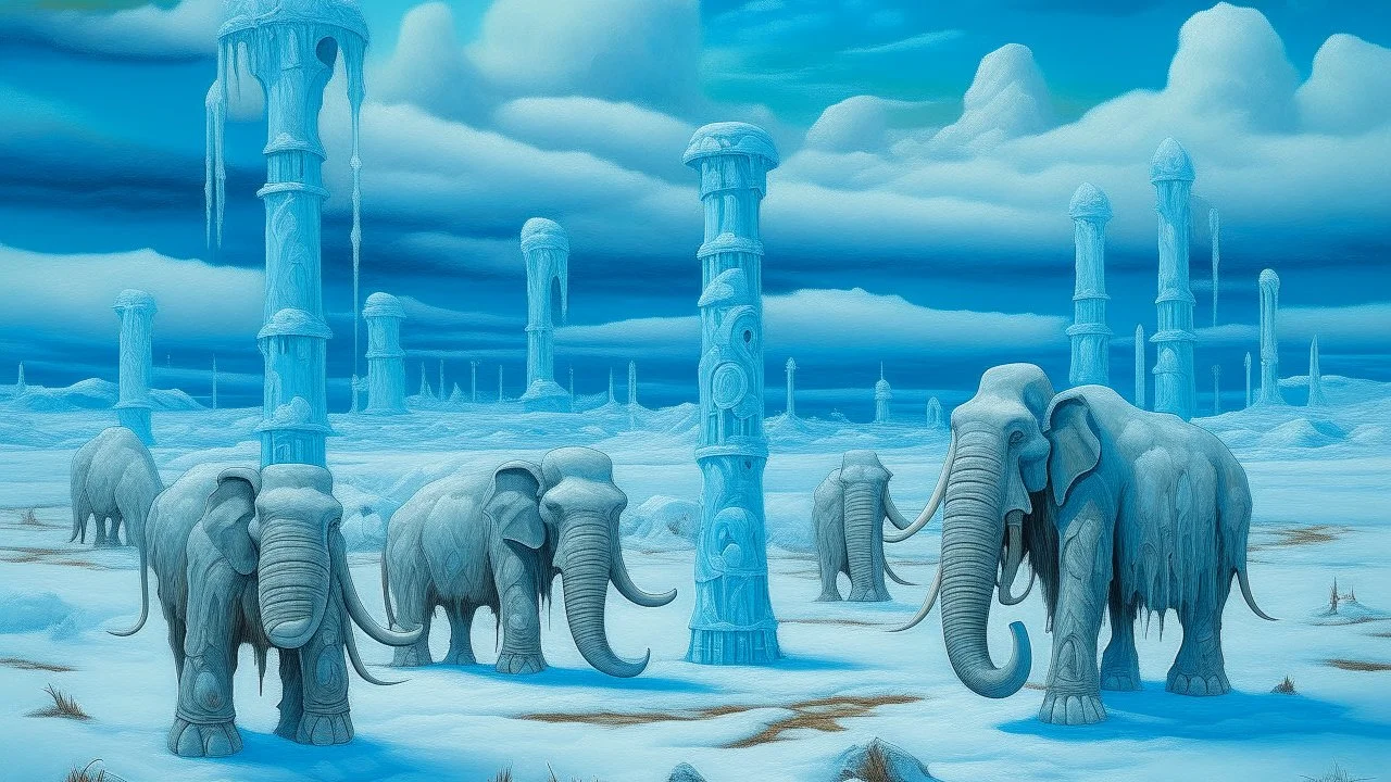 A cyan snow covered tundra with electrical mammoths designed in pacific Northwest totem poles painted by Georges Seurat