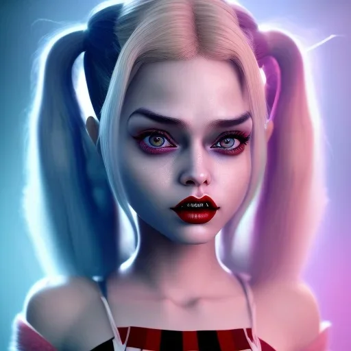 Cute baby character harley quinn, photo realistic, unreal engine, cinematic lighting 8k --v 4