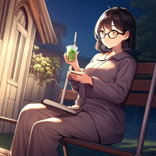 anime girl sitting on a porch swing of an old house, journaling, wearing pajamas, drinking a cup of coffee, writing in a book, shes watching it rain, more detail on hands and her face,shes deep in her thoughts, wearing glasses