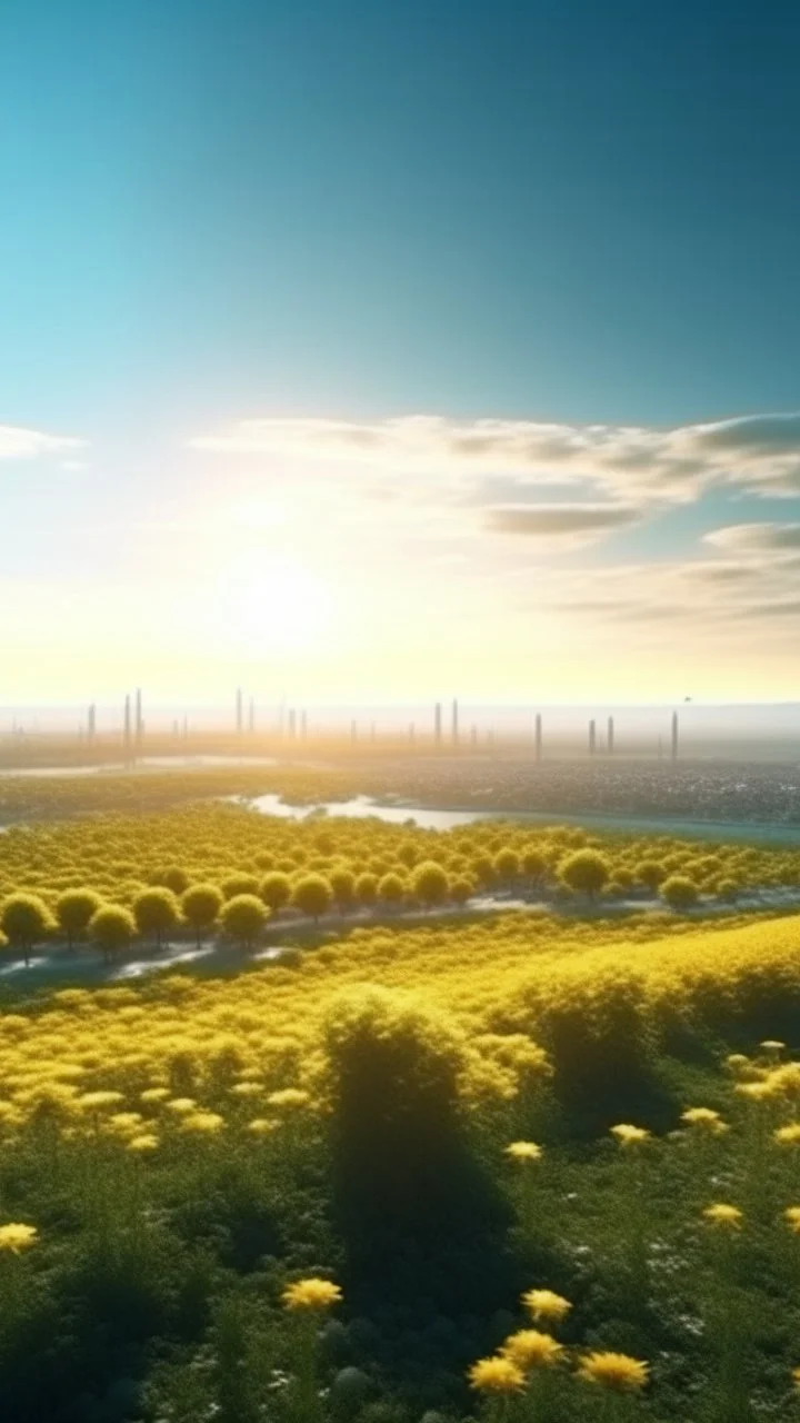 aerial view of a landscape trees and sunflowers fields and a city that looks futuristic with futuristic lighting, horizon, realistic rendering