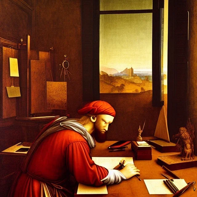 leonardo da vinci works in his study on a laptop at his desk. painting in photoshop. hyperdetailed, warm colors, movie poster, photoillustration, oil on canvas, lens flare