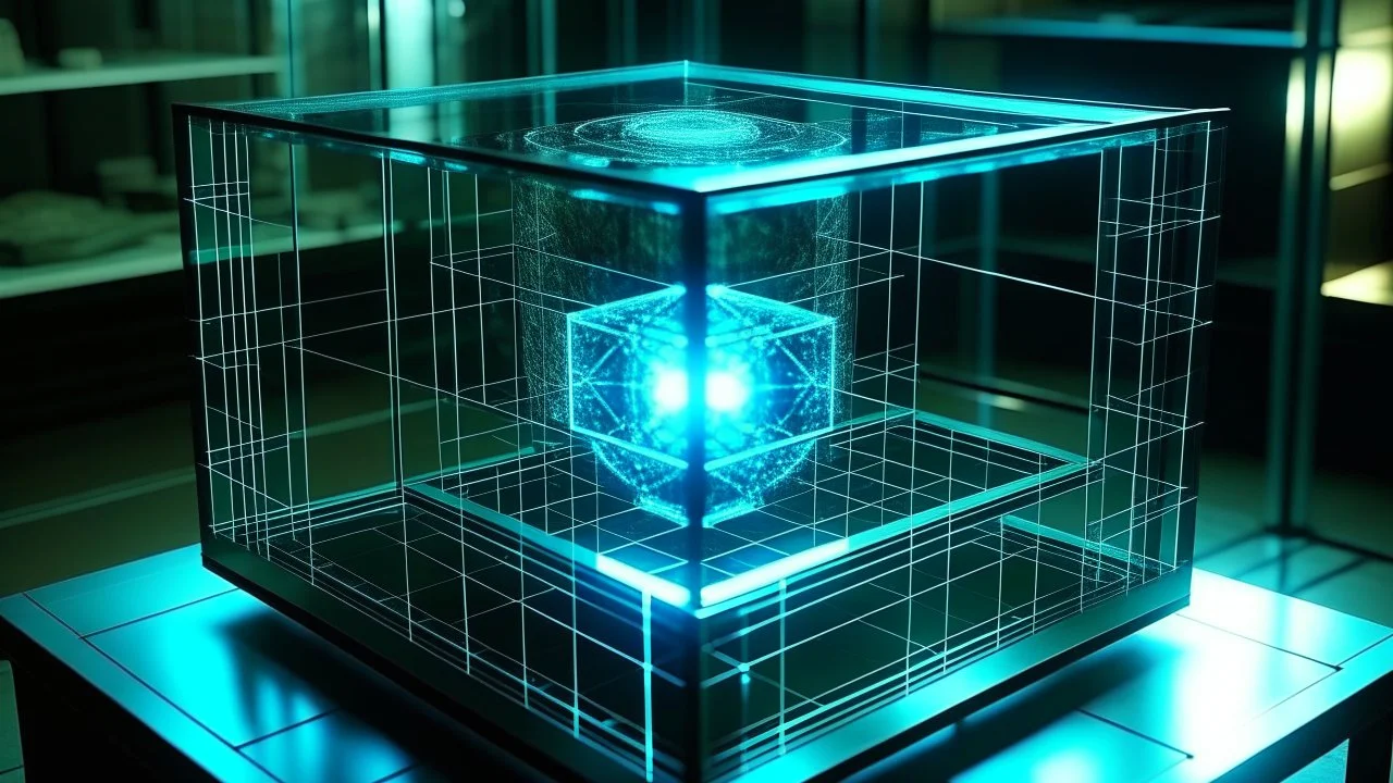 Cube tesseract from movie Loki. Tesseract should not be cropped. Located strictly in the middle of picture with space around it and with navy blue/green glow inside tesseract. Without surface/table on which it stay.