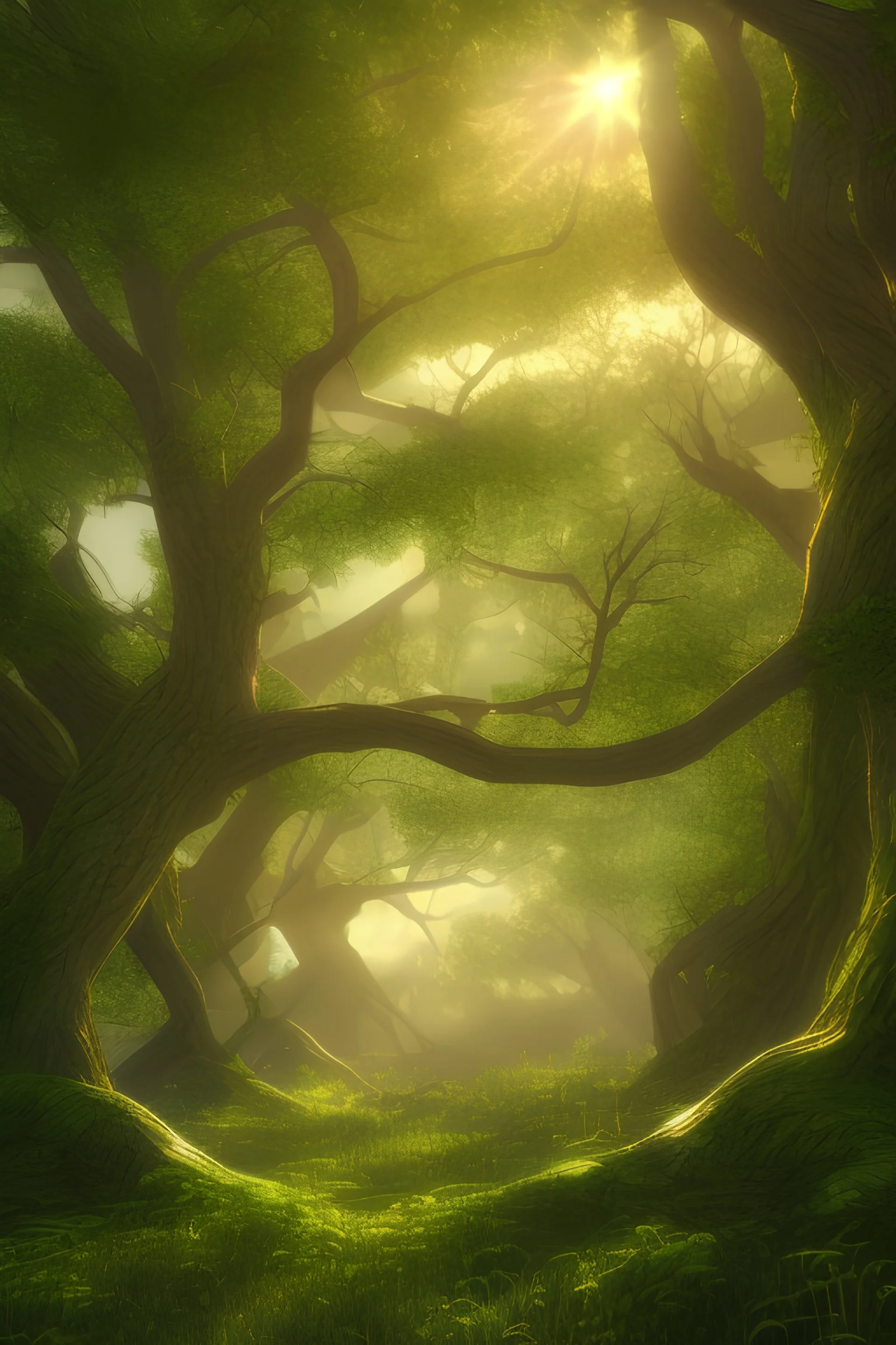 oak forest with old trees and sun falling through the leaves