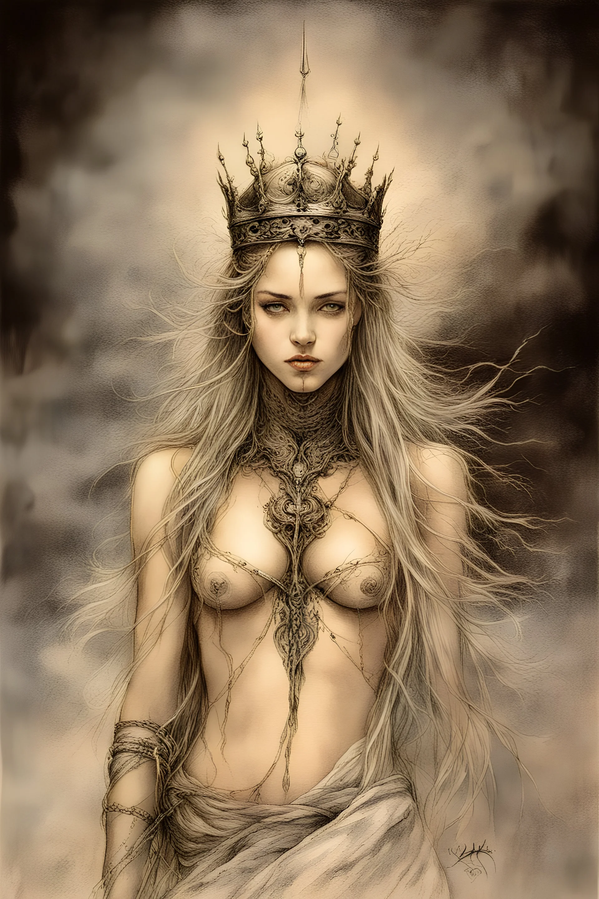 Hyper-photorealistic watercolor art style by Luis Royo, Surreal fine art etching of a figure by Luis Royo, tanned skin inscribed with the transient story of mortality, ethereal light playing with its form whispering tales of an eternal realm, eyes, black as the depths of the night, ardently pinand looking towards the endless skies, a crown of black hair mirroring the mystery of the cosmos around, whole scene tinged with an ethereal softness from volumetric lighting, hues gr, Mysterious