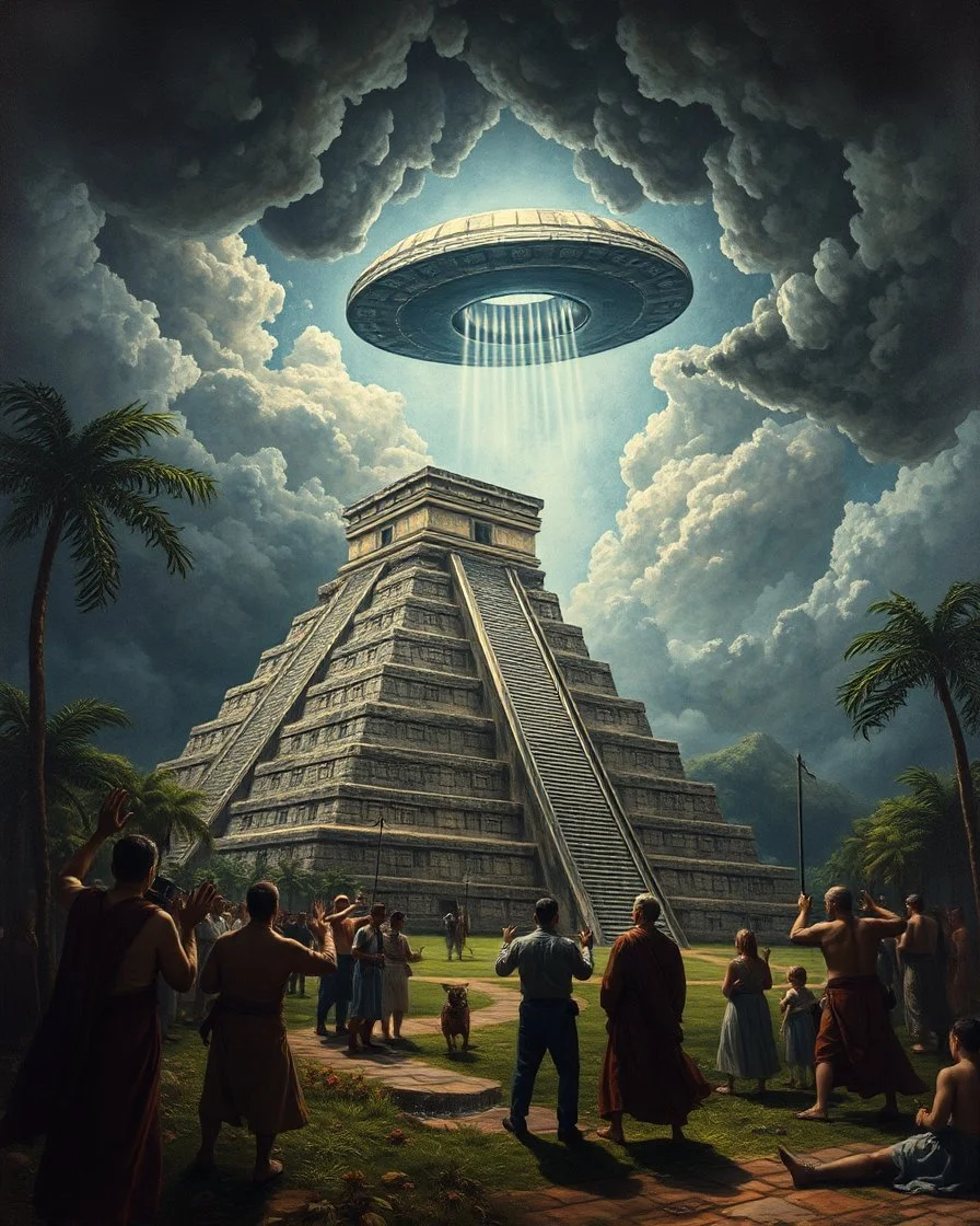 Bosch painting style of nightmare showing a people prying for an alien spaceship hovering over a Mayan permanent temple