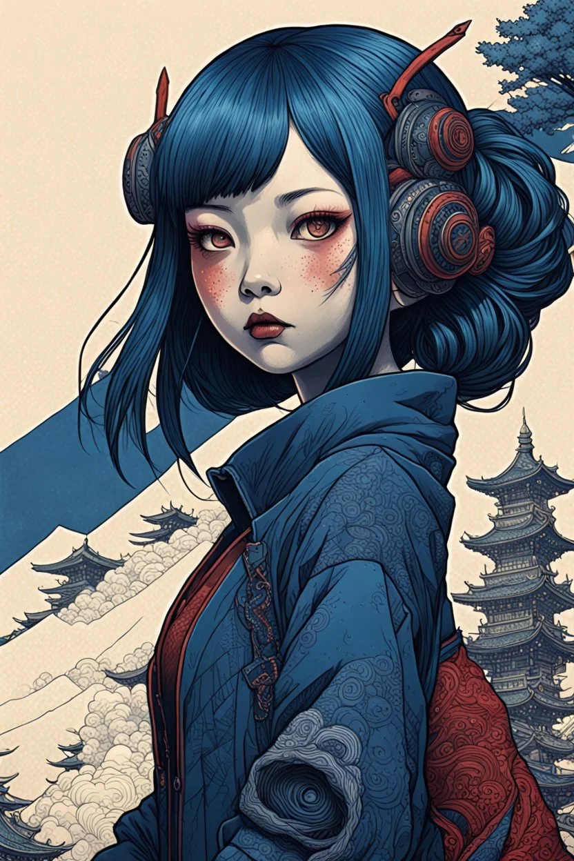 2 illustration side(half), cyberpunk huge girl illustration in diagonal style by <John Kenn Mortensen> darkred tones, and another petit girl in diagonal illustration by <Katsushika Hokusai> darkblue tones, hyperdetailed,