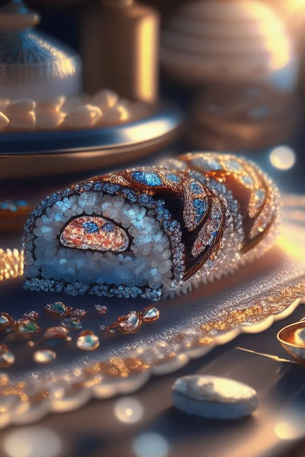 metallic sushi with gems and jewels on a lace blanket in a luxurious kitchen. sharp focus elegant extremely detailed intricate very attractive beautiful dynamic lighting fantastic view crisp quality exquisite detail in the sunshine