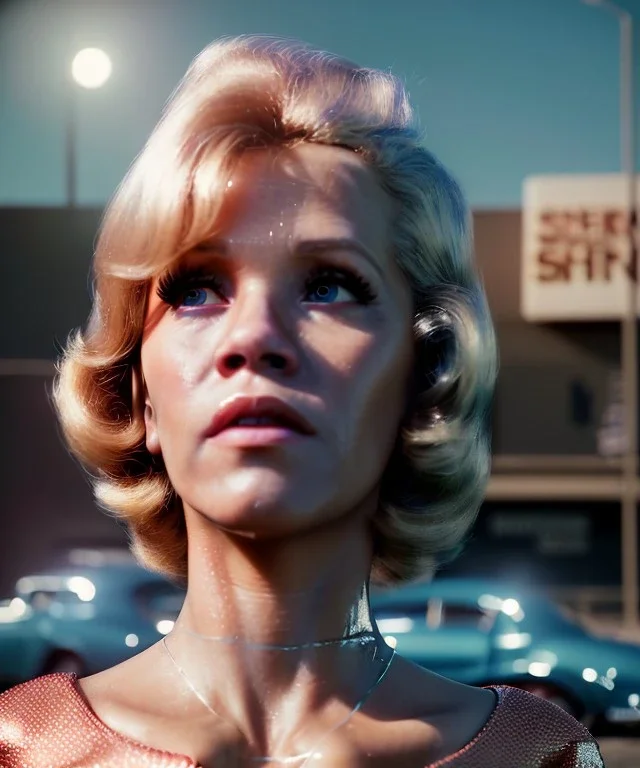 Ultra Realistic retro sci-fi movie Supermarket parking scene, 1960 year, waist up view portrait, a super giant blonde woman, sweet teenager Jane Fonda face, perfect iris, glow eyes, face makeup, tight latex coat, many people, Retro sci-fi style, soft color, highly detailed, unreal engine 5, ray tracing, RTX, lumen lighting, ultra detail, volumetric lighting, 3d, finely drawn, high definition, high resolution.