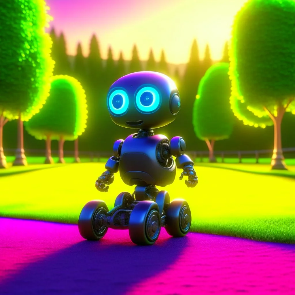 the cute adorable advanced carbon bot with child stroller, on a race track through the seasons, hills and trees, motion blur, 8k, downlight, soft light, depth of field, photorealism, trending on art station, lotsa detail