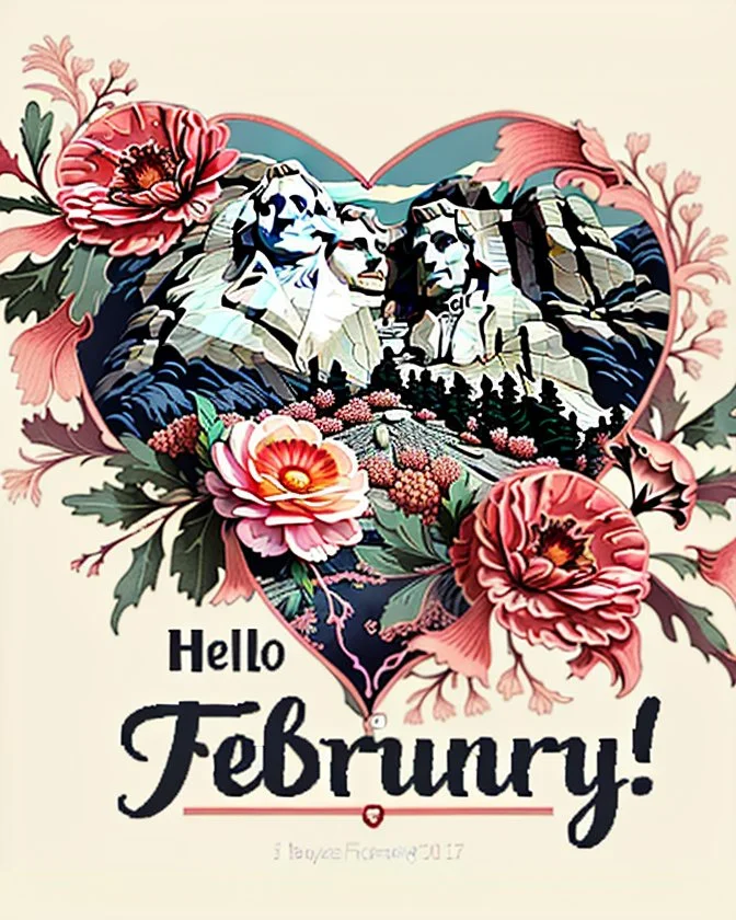 1:1 ratio A highly detailed Image in the style of Art Nouveau, of tastefully painted hearts and flowers in shades of reds, pinks, corals and ivory, add a superimposed transparent image of the president's on Mount Rushmore in the corner. Image is edge to edge, no frame. Bold script text "Hello February!" , wide-angle shot, vibrant color grading, shallow depth of field, adventure, league of legends style concept art