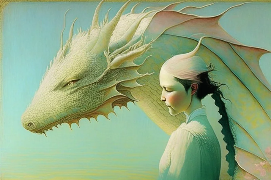 dragon and woman, soft rounded edges, gentle, serene, magical, pastel colours, dynamic lighting, a masterpiece, surreal, Catrin Welz Stein style in sunshine