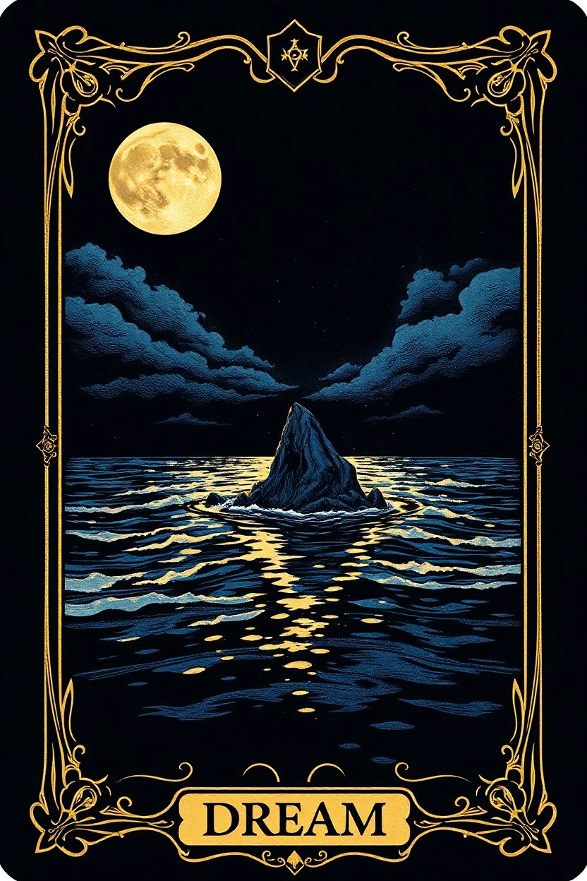 in center stunning deep colors and gold alcolhol ink tarot card (9:10 ratio) with 1 full moon and weird fantasy sea with rock, moon reflection, inscription at the bottom, text:"DREAM", dark sky, strars, occult forces, sharp focus, beautiful ornamentic frames on card, detalied, fantasy, black background