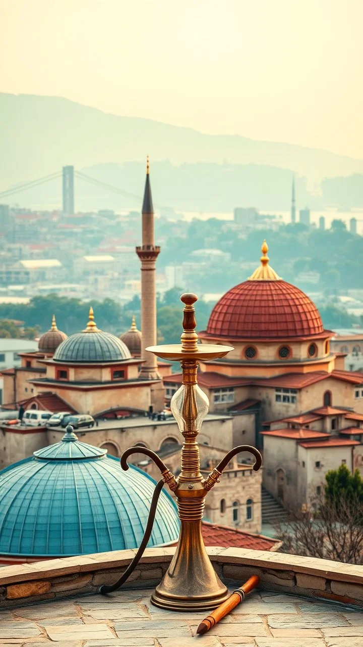 A symbolic image showing Turkey's culture as a bridge between Europe, Asia, and the Orient. Combine old and new: traditional domes, hookah with modern skylines and distant landscapes. Warm light, rich colors, harmony between tradition and modernity, no people, no text.