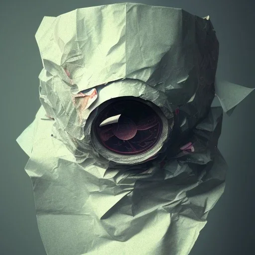 rendered in blender trash bag on his head and crumpled paper as a texture, collage paper and tape, slit - scan photography, high resolution, cinematic, unreal 6, breathtaking detailed