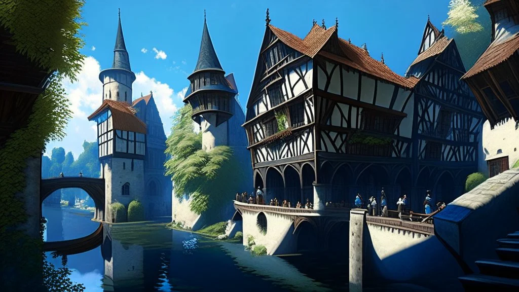 medieval buildings with balconies overhanging a river, blue sky and people, photorealism, trees, foliage, piers, ultra-sharp image, sharp focus