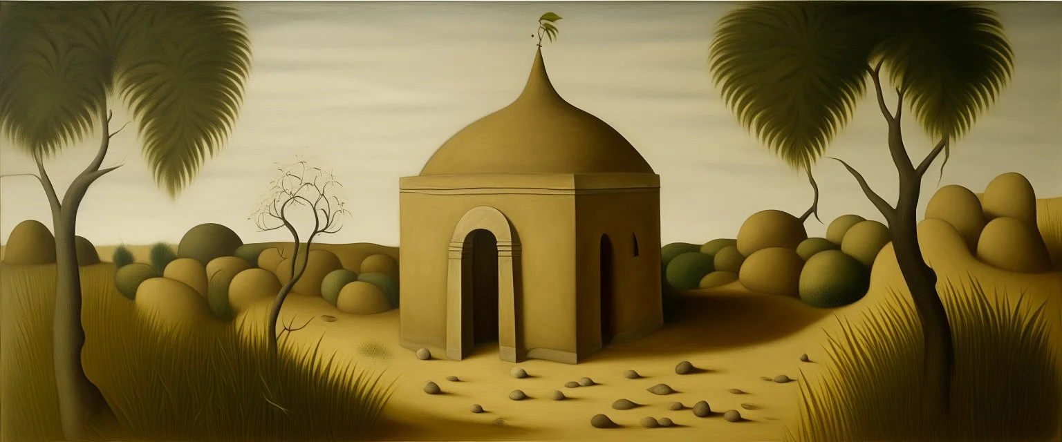 A tan stone temple in a wasteland painted by Henri Rousseau